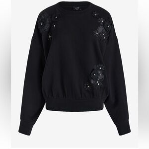 NWT- Express Black Floral Embellished Crew Neck Fleece Sweatshirt Size Medium